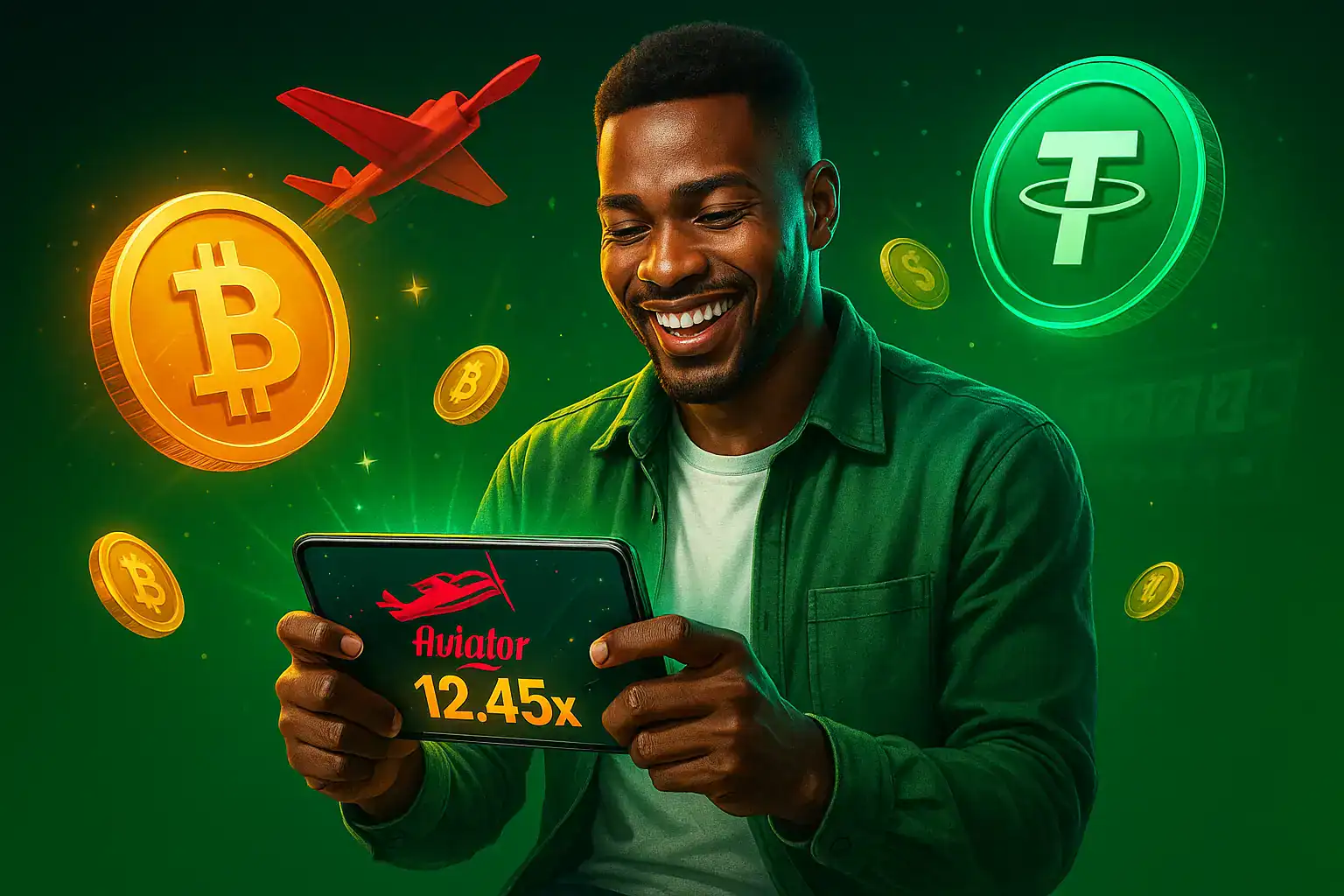Nigerian man winning Aviator crypto game on mobile with BTC and USDT symbols in the background – crypto gambling Nigeria